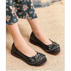 Black Floral Cowhide Leather Flats Splicing Flat Feet Shoes