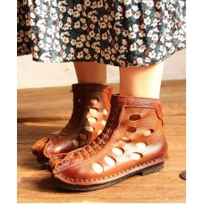 Casual Hollow Out Boots Brown Cowhide Leather